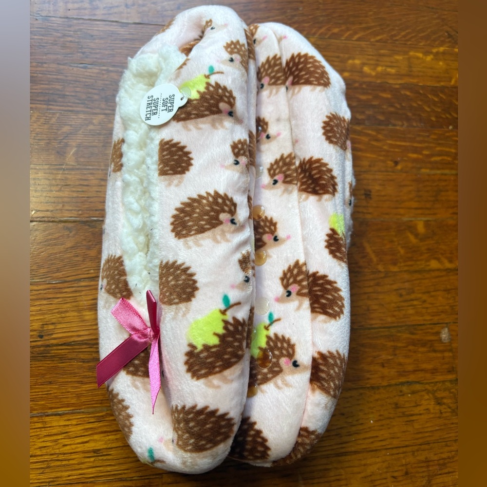 Pink Hedgehog Fuzzy Non Slip Slippers OS